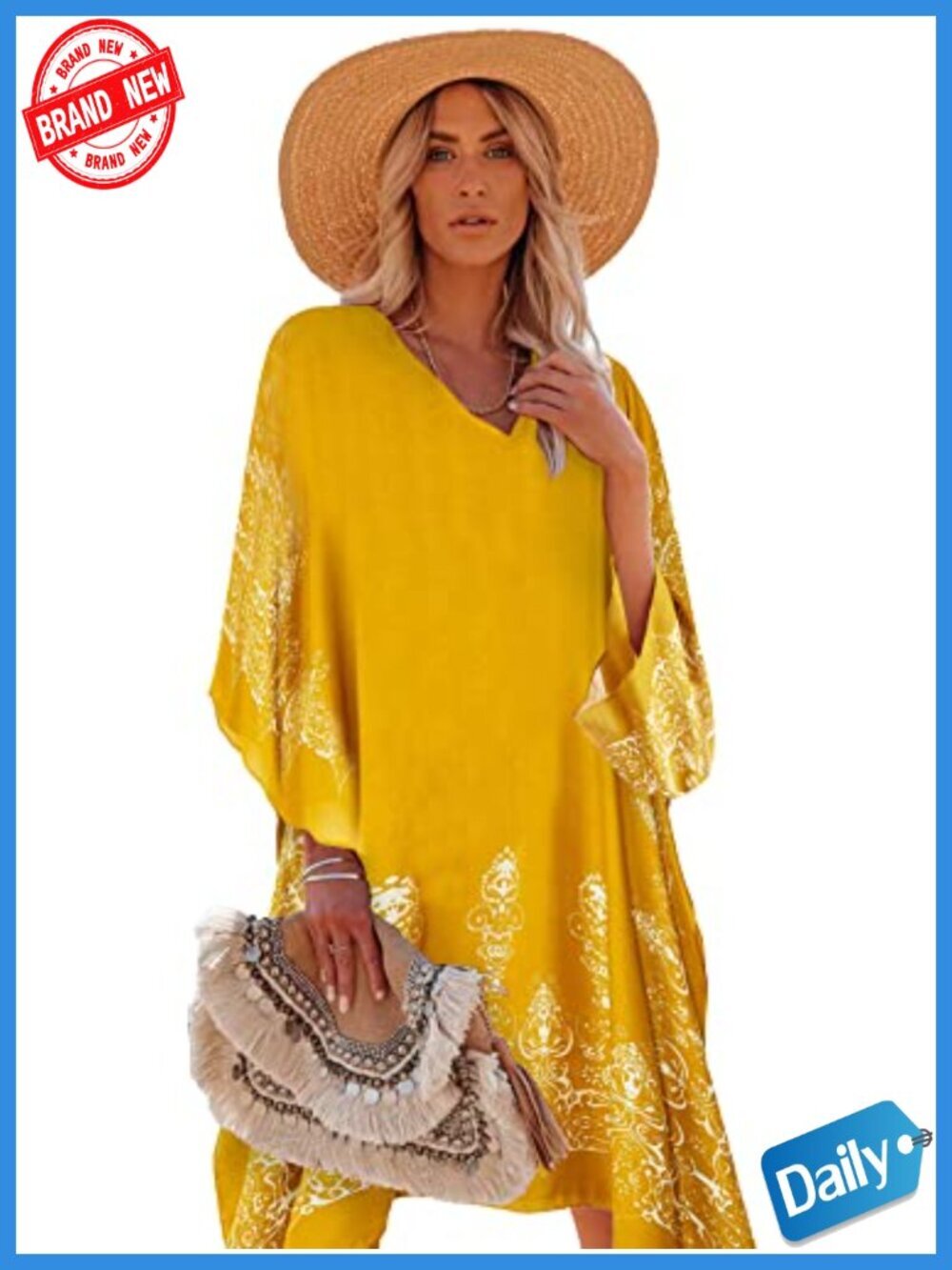 Women's Swimsuit Coverup Kaftan with Floral Pattern, Lightweight Viscose